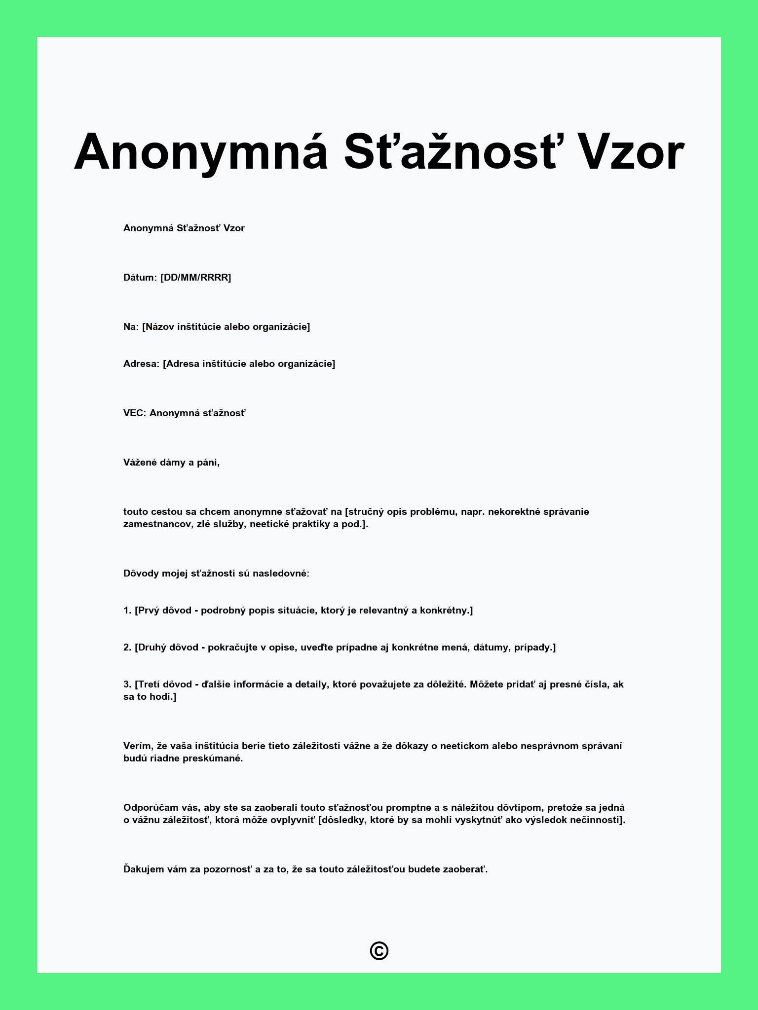 Anonymná Sťažnosť Vzor