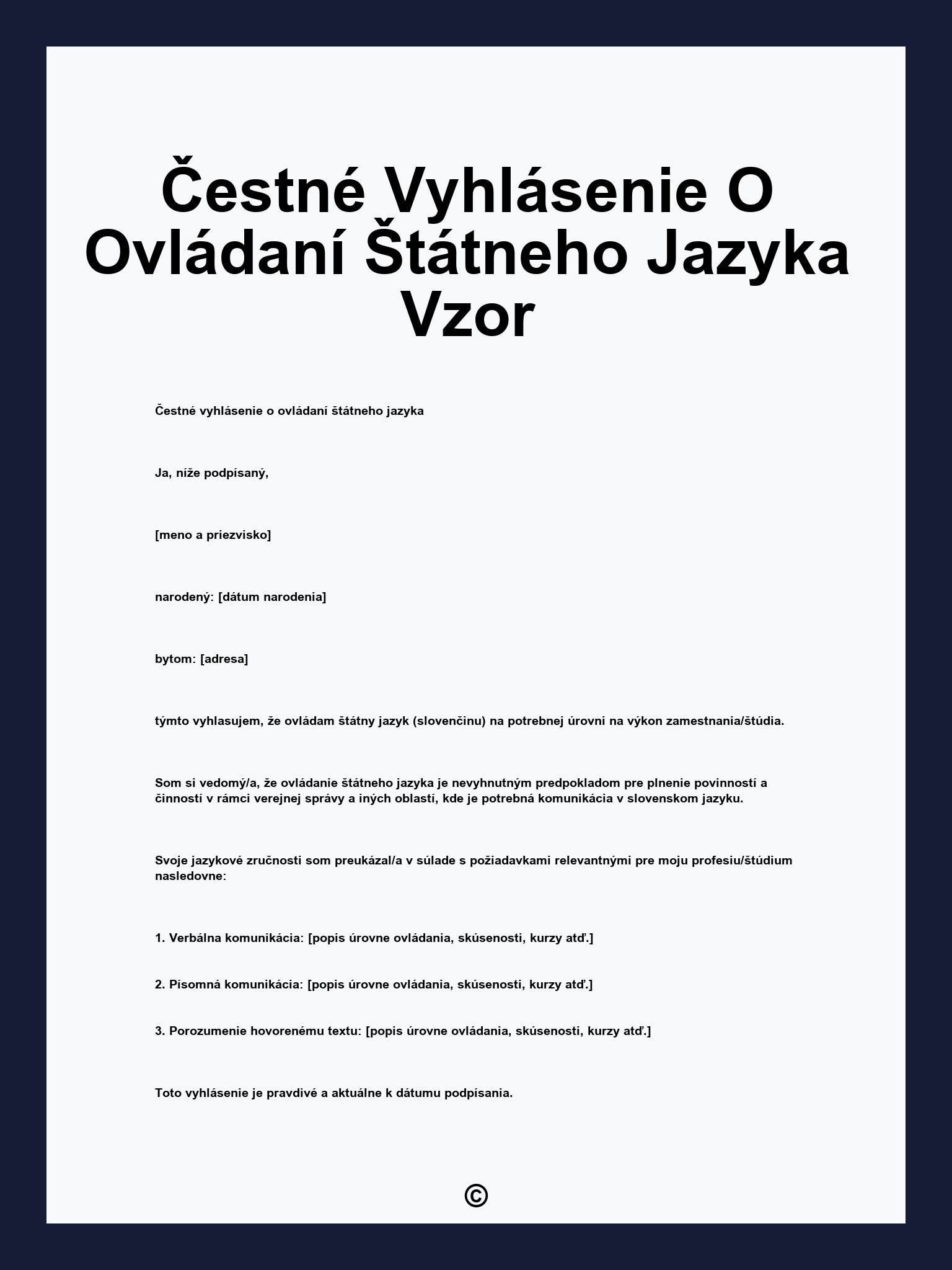 Čestné Vyhlásenie O Ovládaní Štátneho Jazyka Vzor