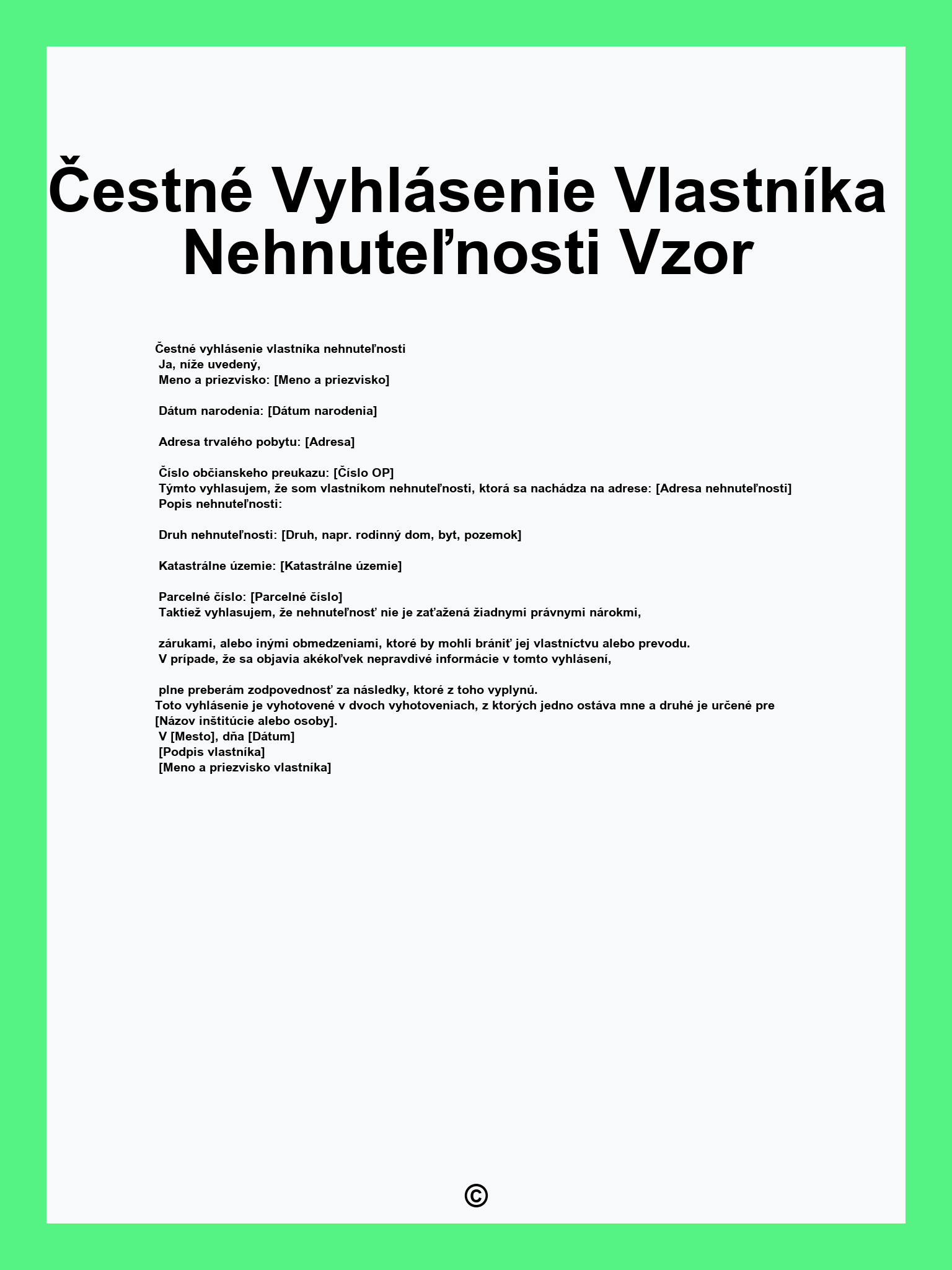 Čestné Vyhlásenie Vlastníka Nehnuteľnosti Vzor