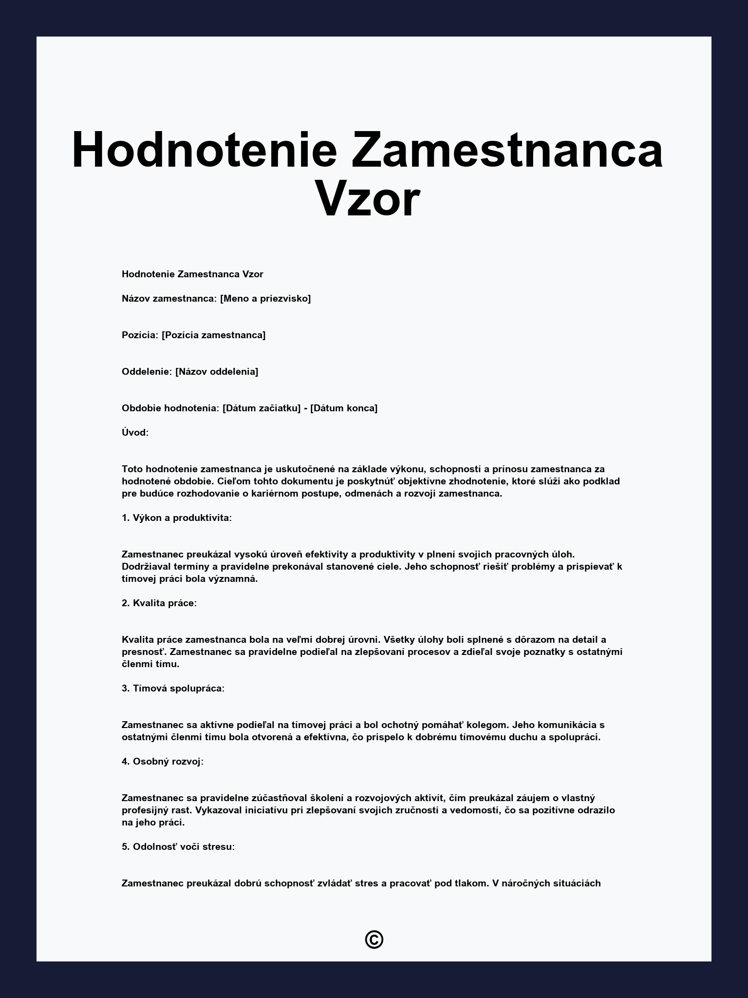 Hodnotenie Zamestnanca Vzor