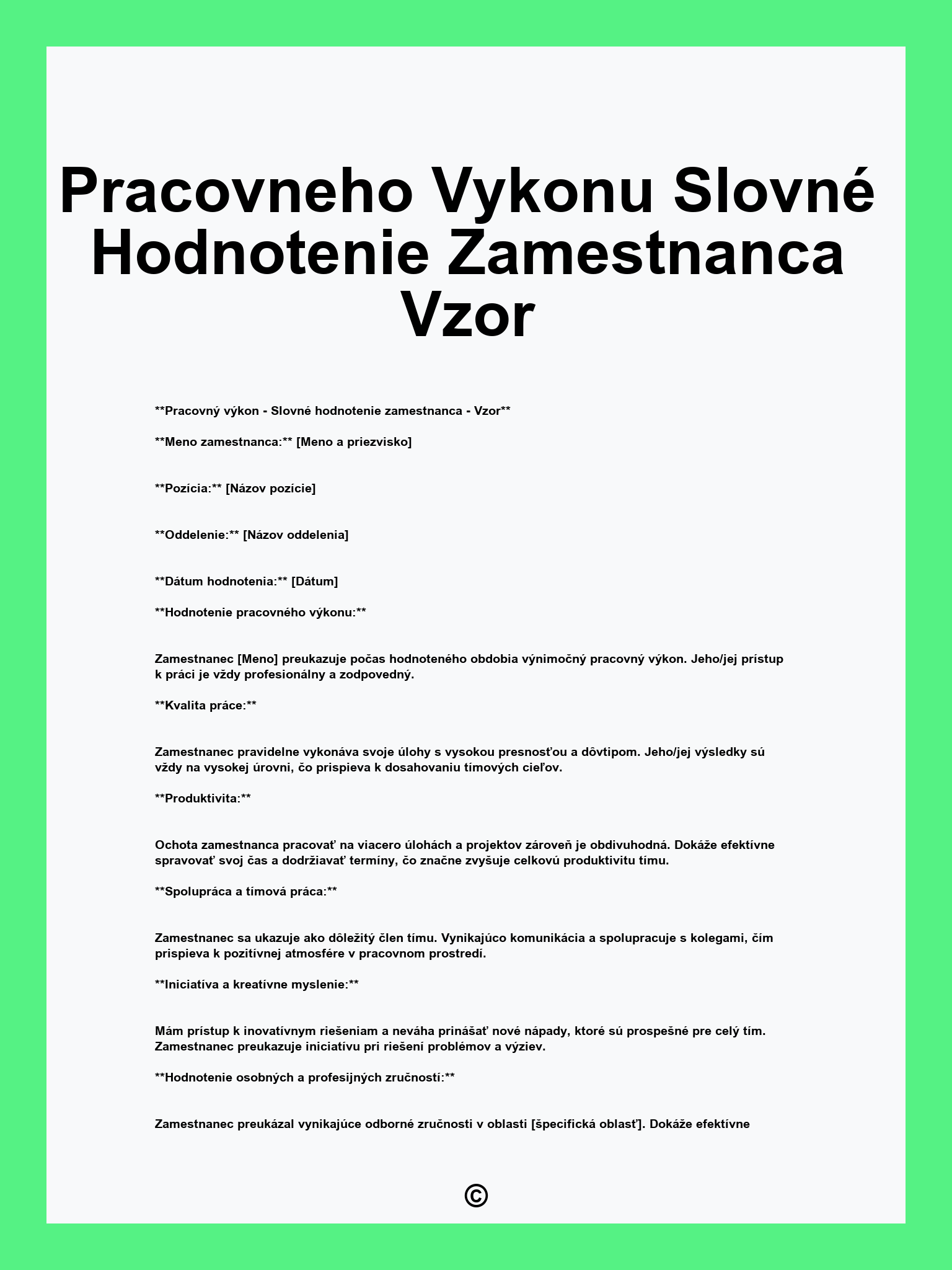 Pracovneho Vykonu Slovné Hodnotenie Zamestnanca Vzor