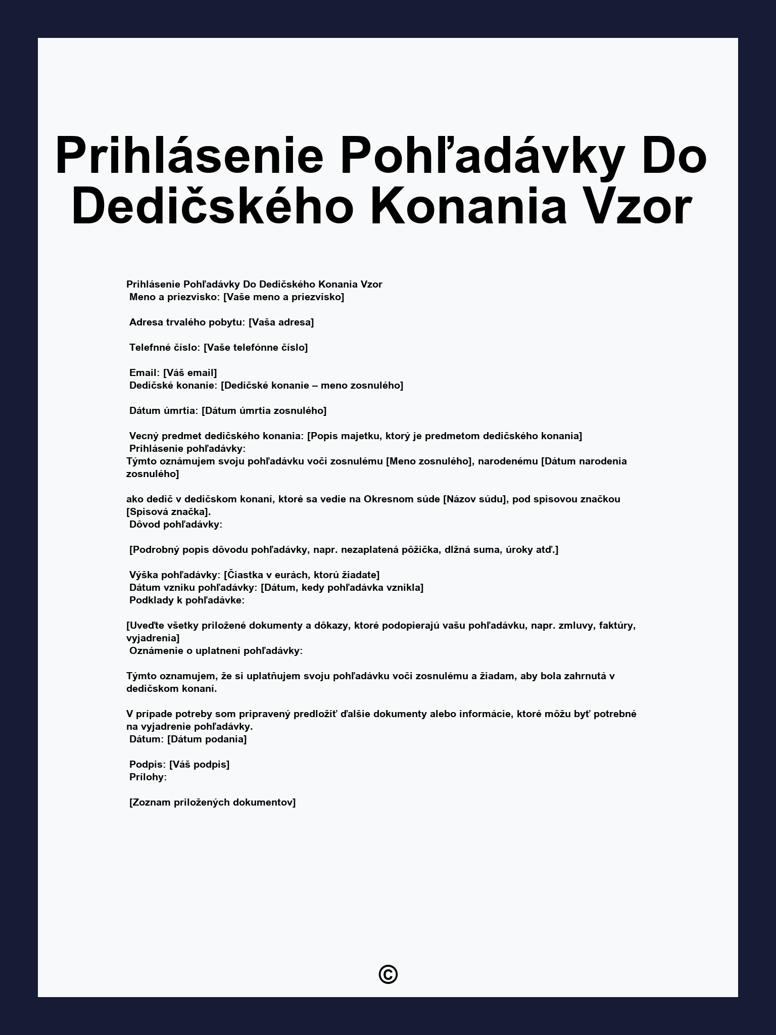 Prihlásenie Pohľadávky Do Dedičského Konania Vzor