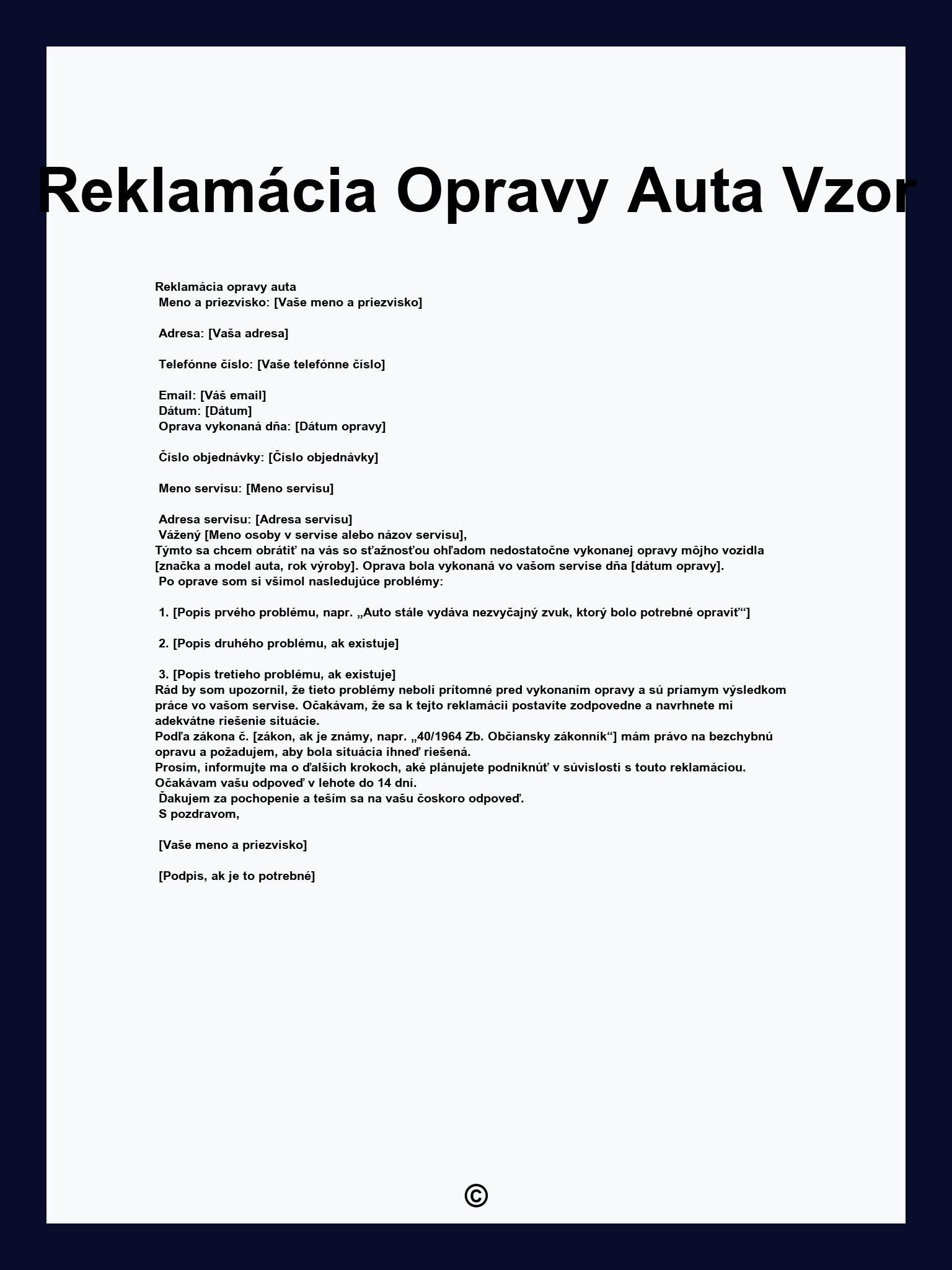 Reklamácia Opravy Auta Vzor