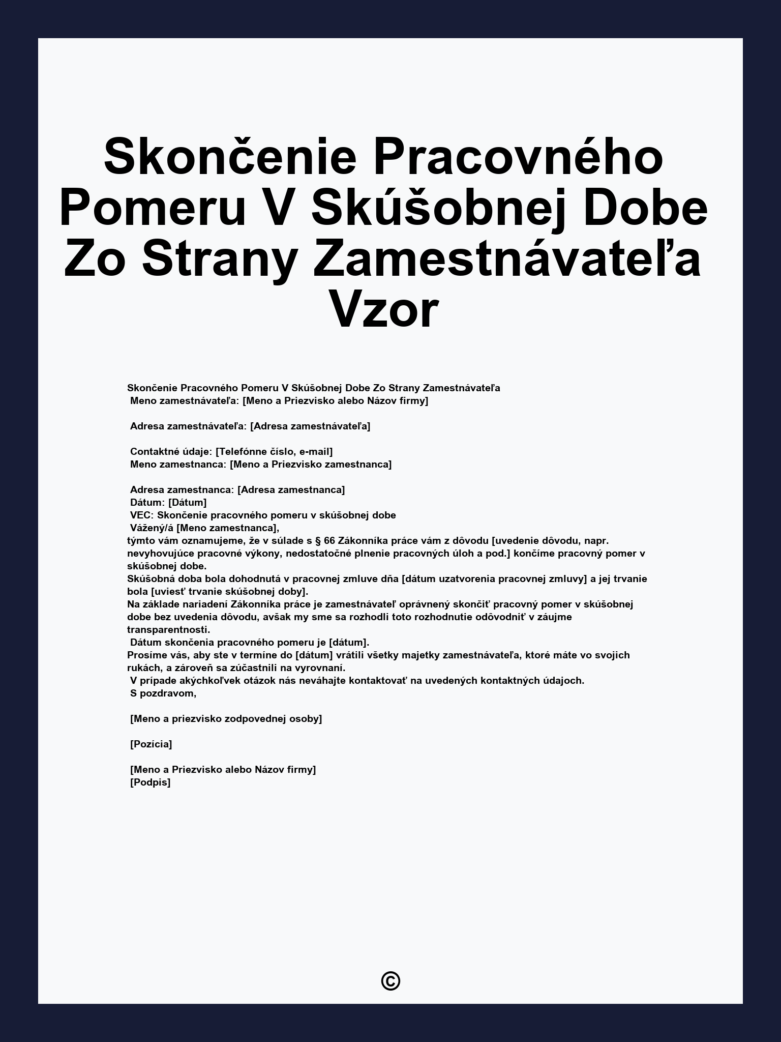 Skončenie Pracovného Pomeru V Skúšobnej Dobe Zo Strany Zamestnávateľa Vzor