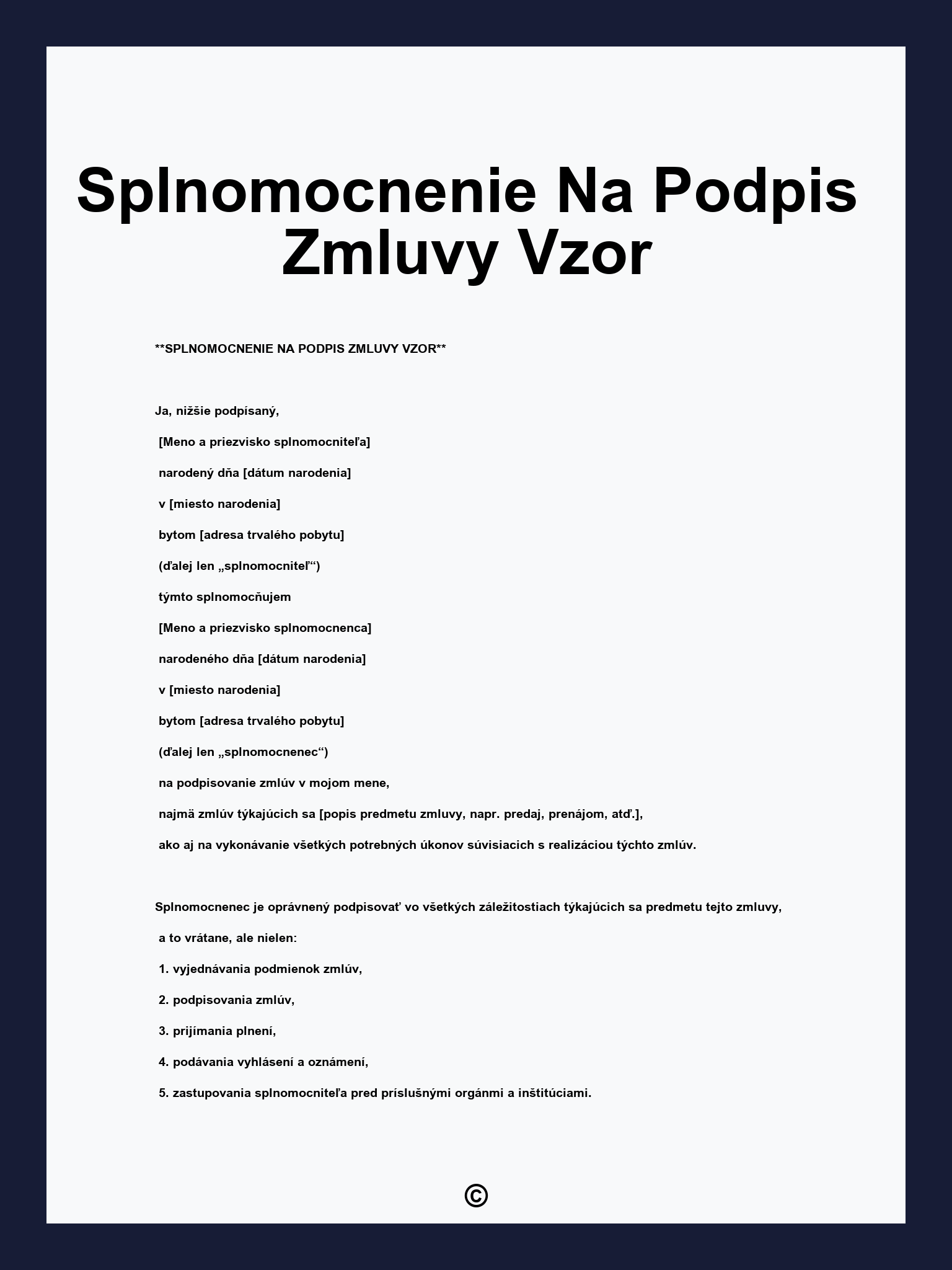 Splnomocnenie Na Podpis Zmluvy Vzor