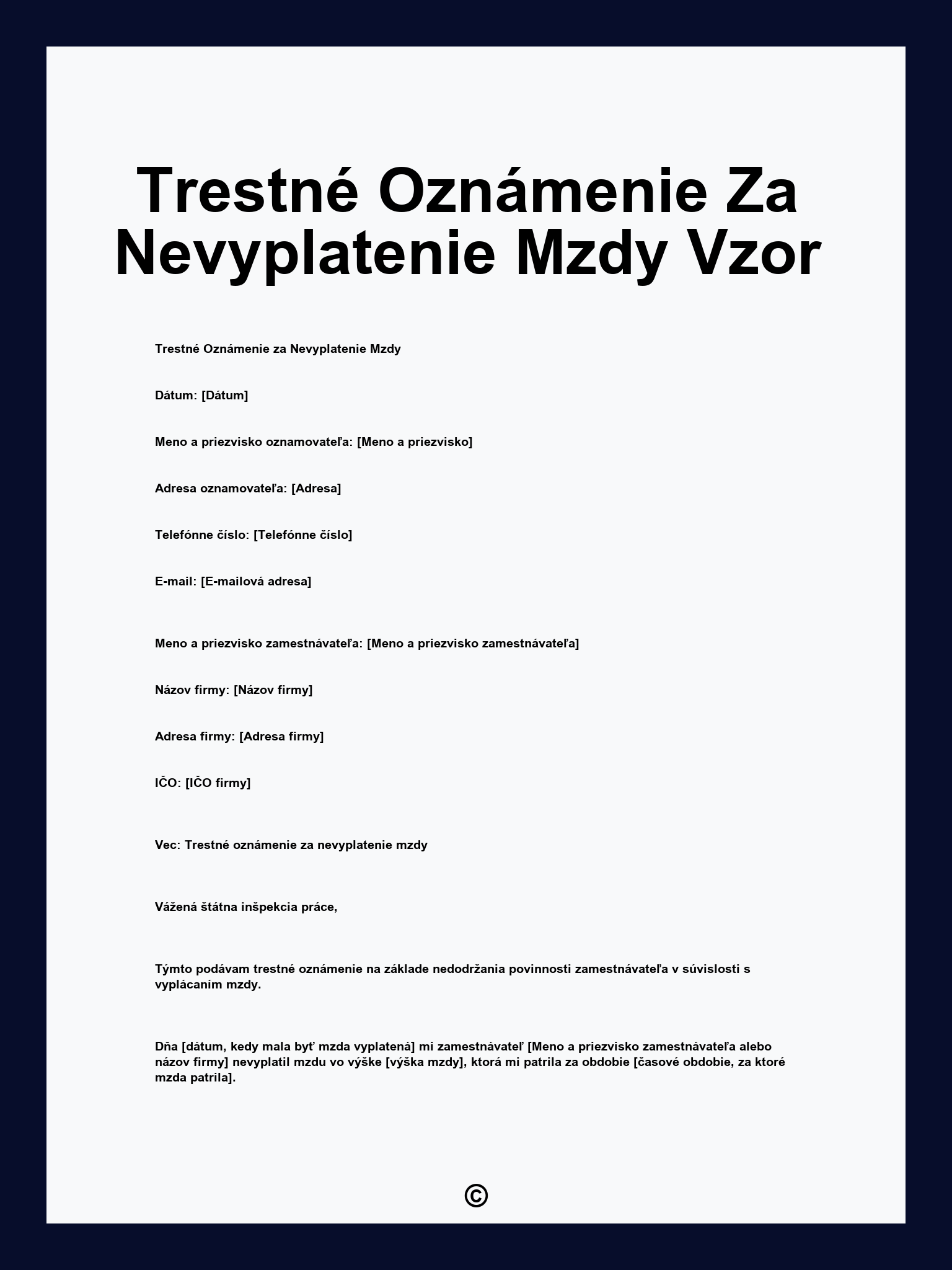 Trestné Oznámenie Za Nevyplatenie Mzdy Vzor