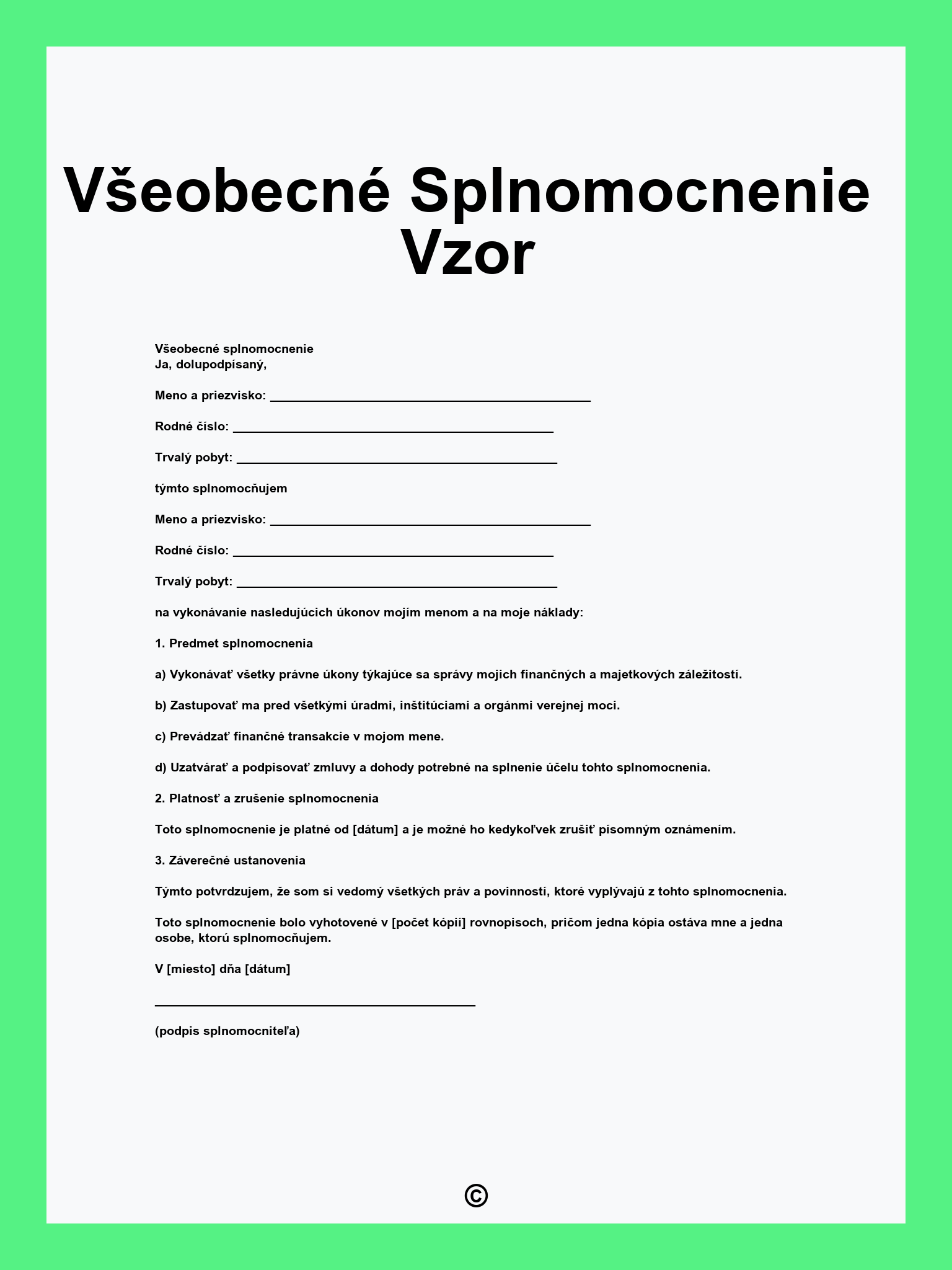 Všeobecné Splnomocnenie Vzor