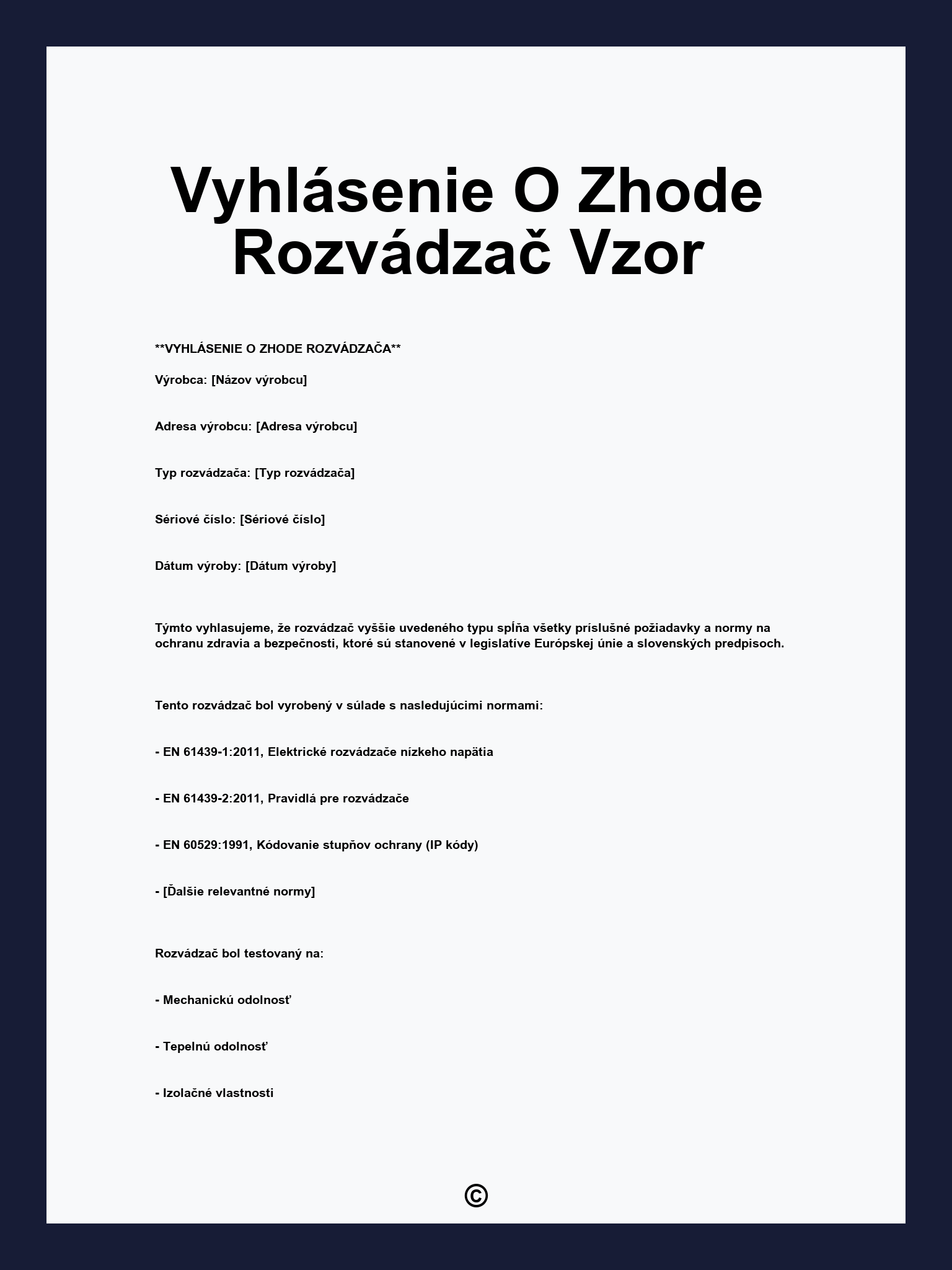 Vyhlásenie O Zhode Rozvádzač Vzor