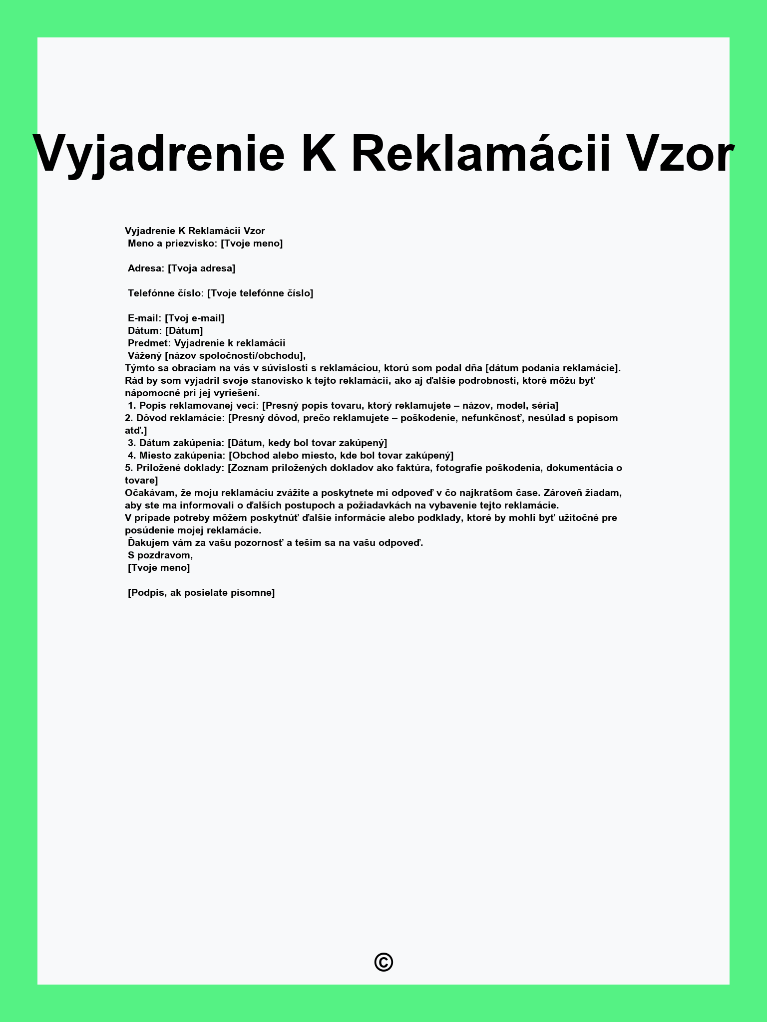 Vyjadrenie K Reklamácii Vzor