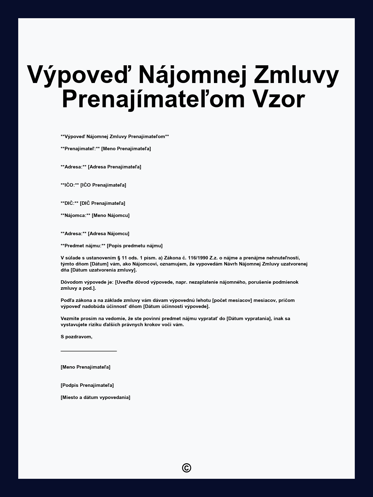 Výpoveď Nájomnej Zmluvy Prenajímateľom Vzor