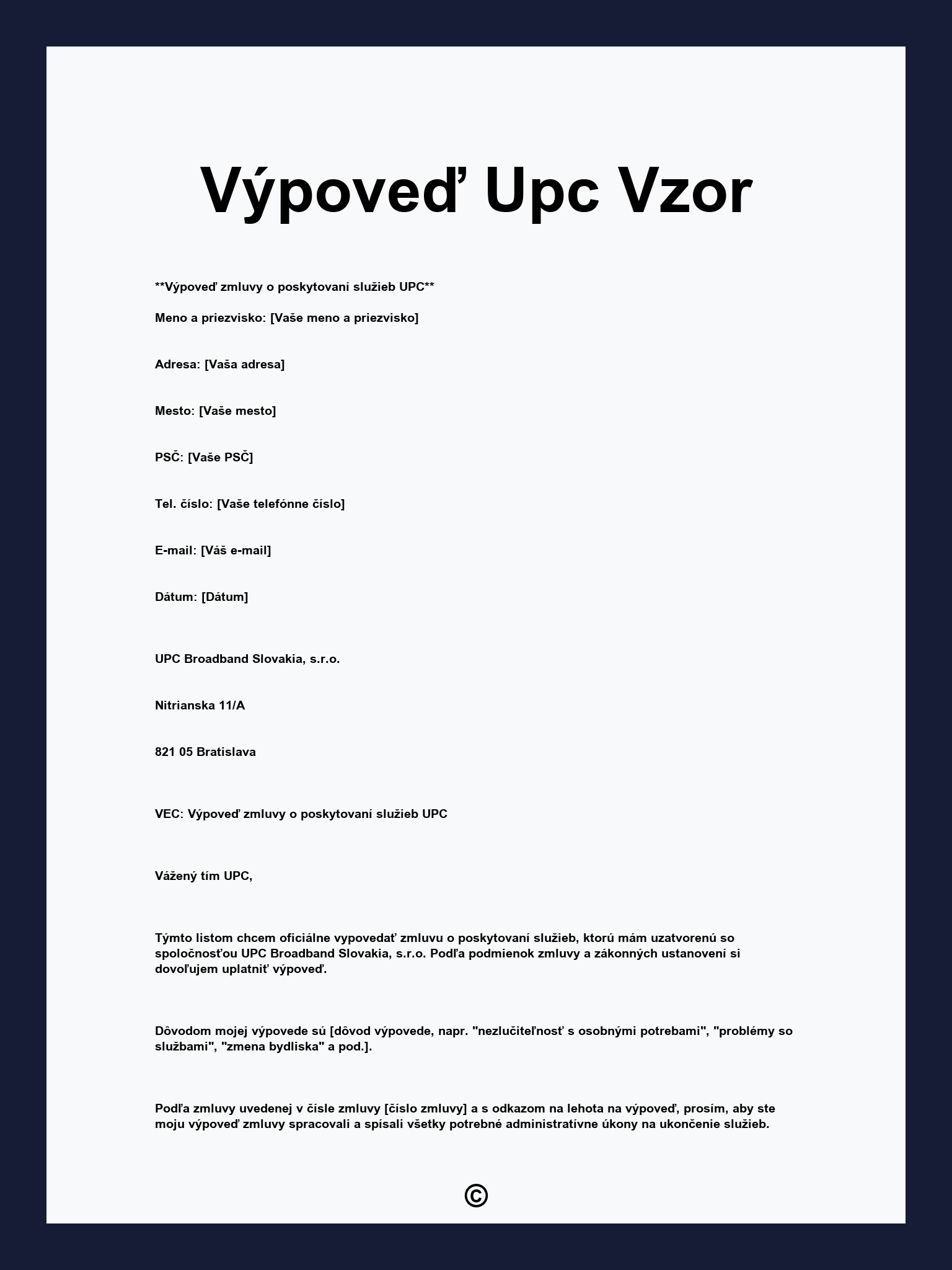 Výpoveď Upc Vzor