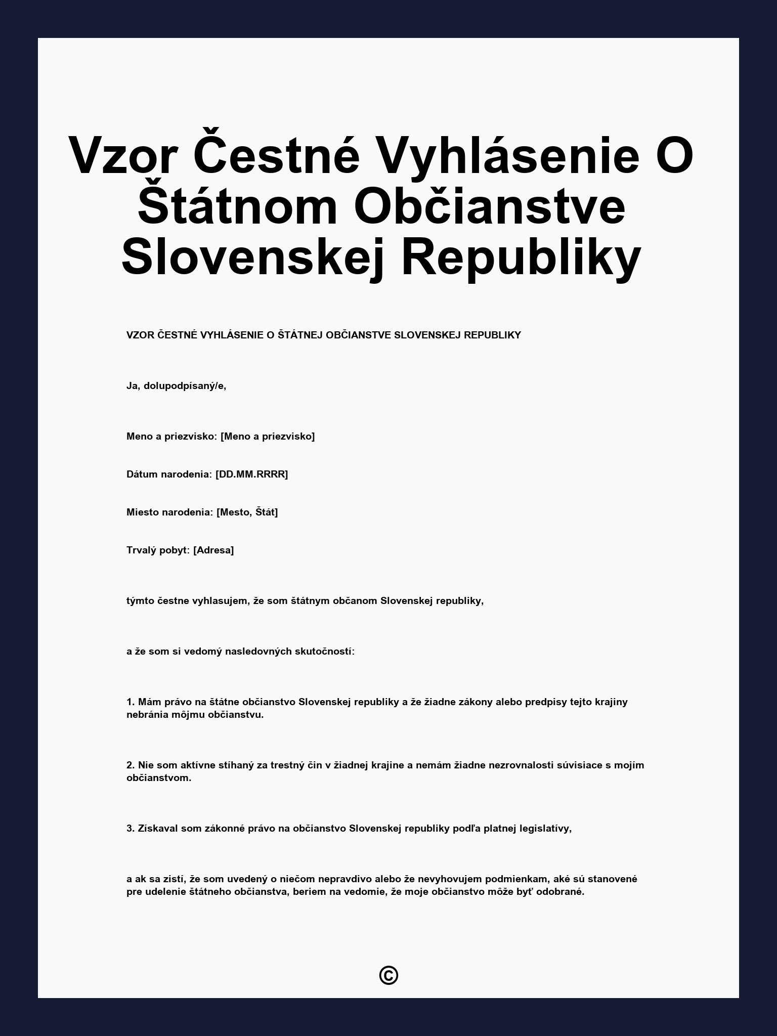 Vzor Čestné Vyhlásenie O Štátnom Občianstve Slovenskej Republiky