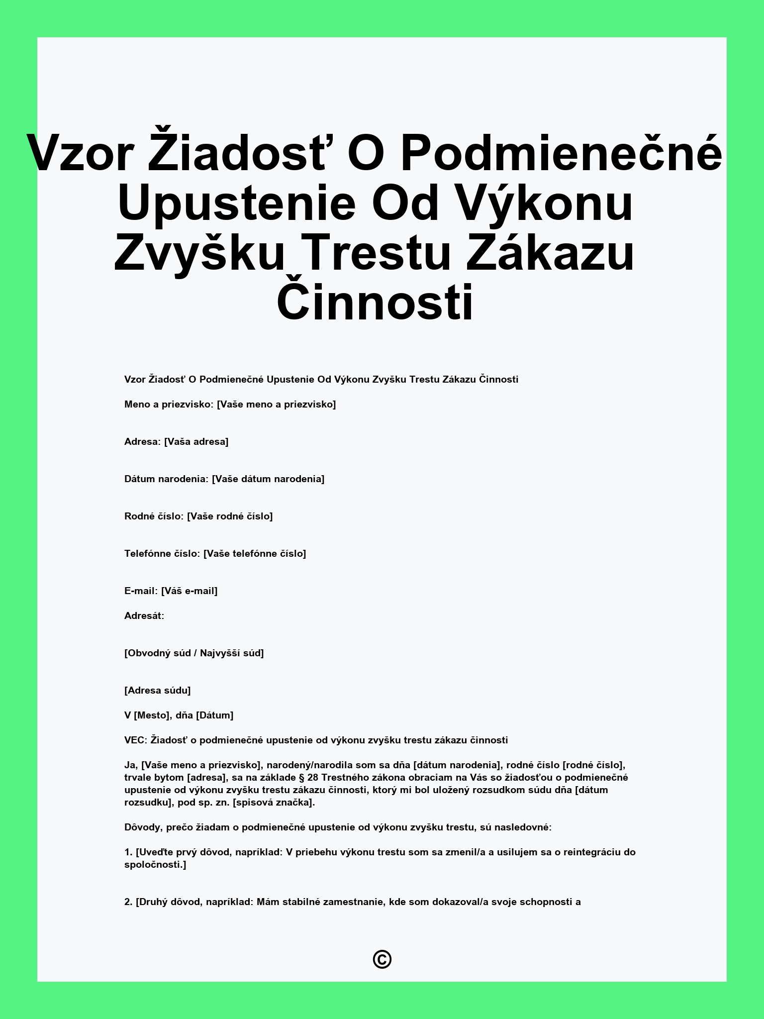 Vzor Žiadosť O Podmienečné Upustenie Od Výkonu Zvyšku Trestu Zákazu Činnosti