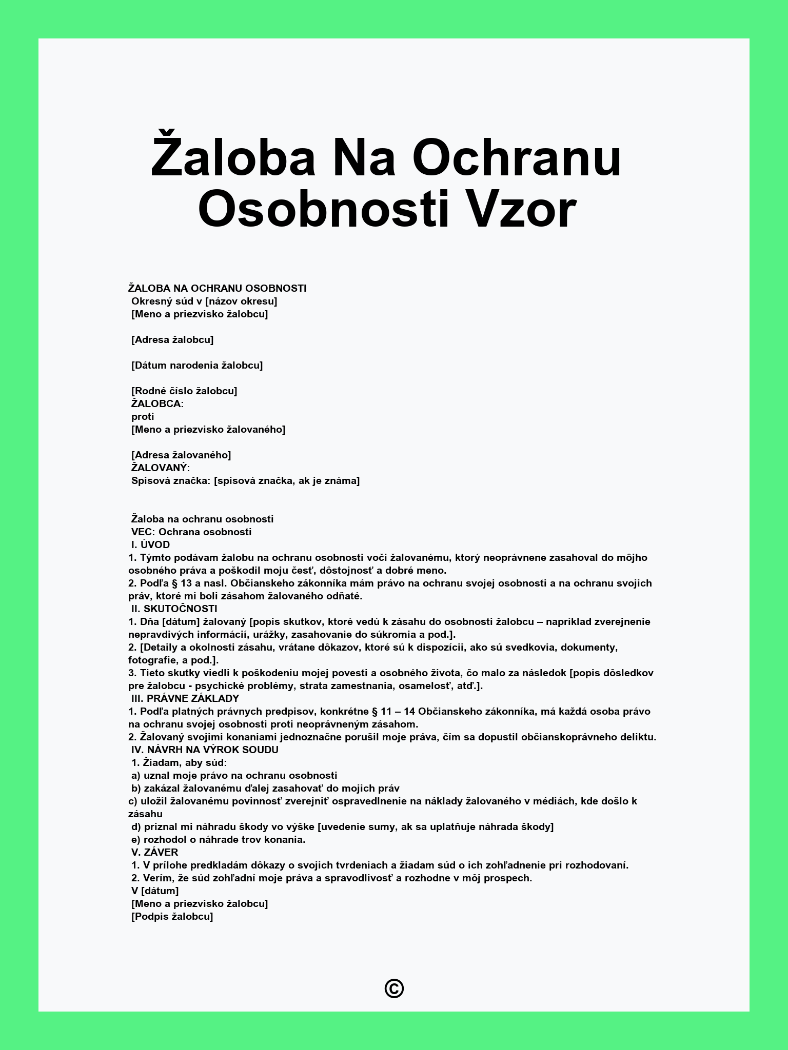 Žaloba Na Ochranu Osobnosti Vzor