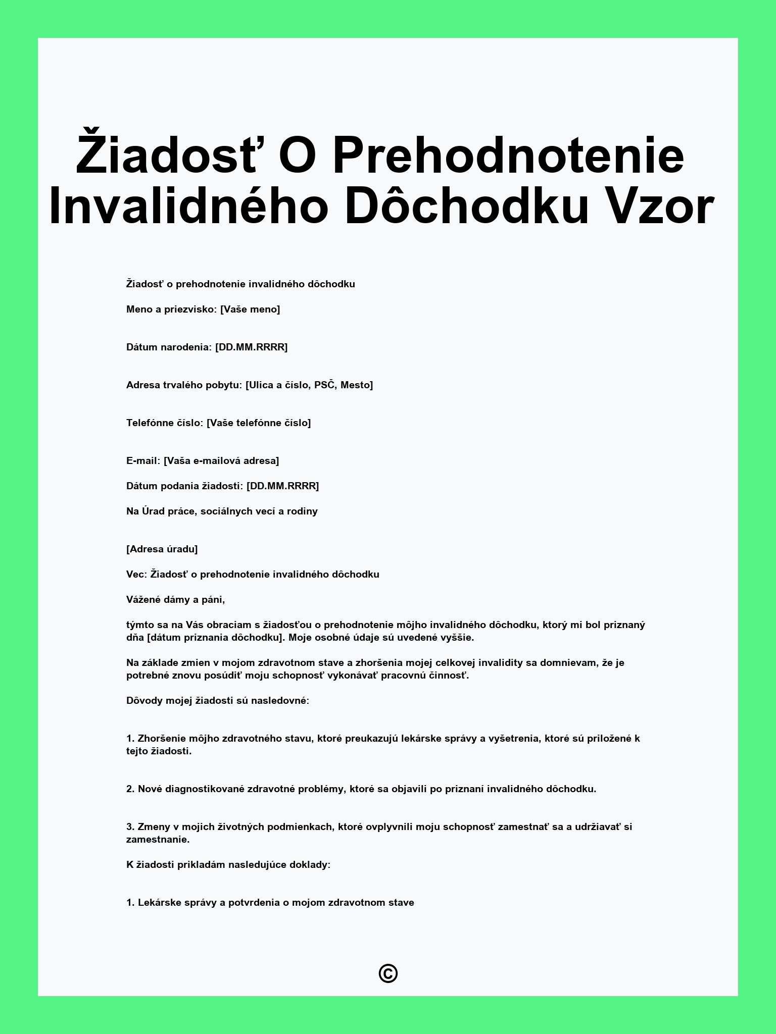 Žiadosť O Prehodnotenie Invalidného Dôchodku Vzor