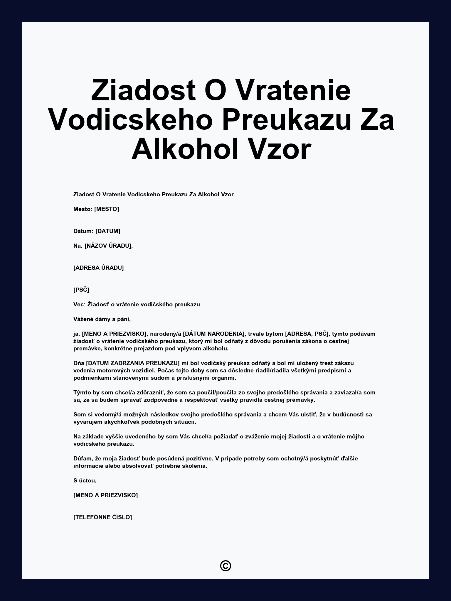 Ziadost O Vratenie Vodicskeho Preukazu Za Alkohol Vzor